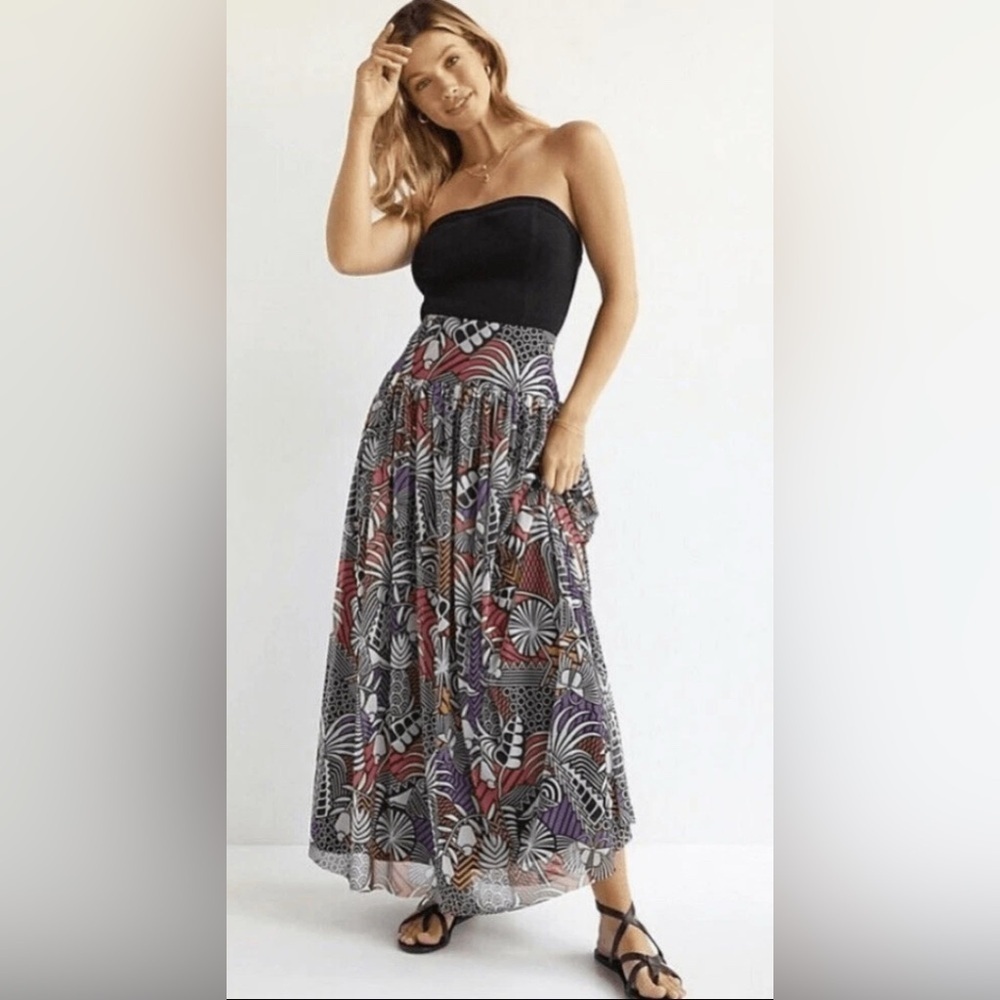 NEW FARM Rio x Anthropologie Multicolored Tropical Mesh Maxi Skirt Sz XS